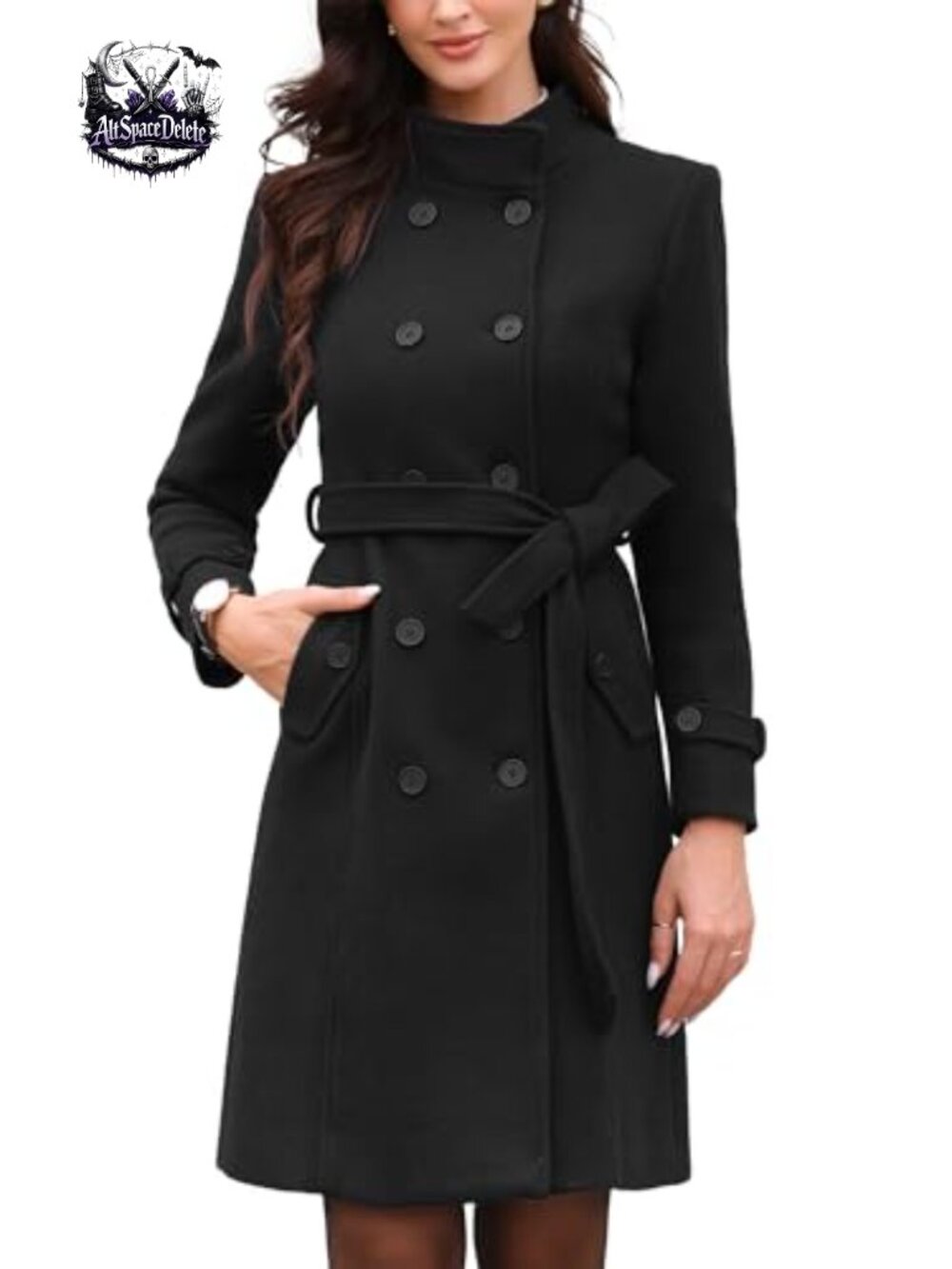 Women's Pea Coat Double Breasted Mid-Length Overcoat with Belt & Pockets